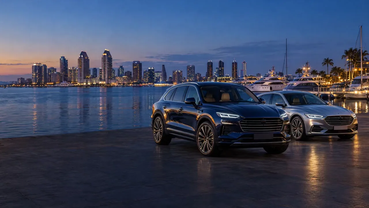 Illustrative navy SUV and silver sedan beside a marina at blue hour